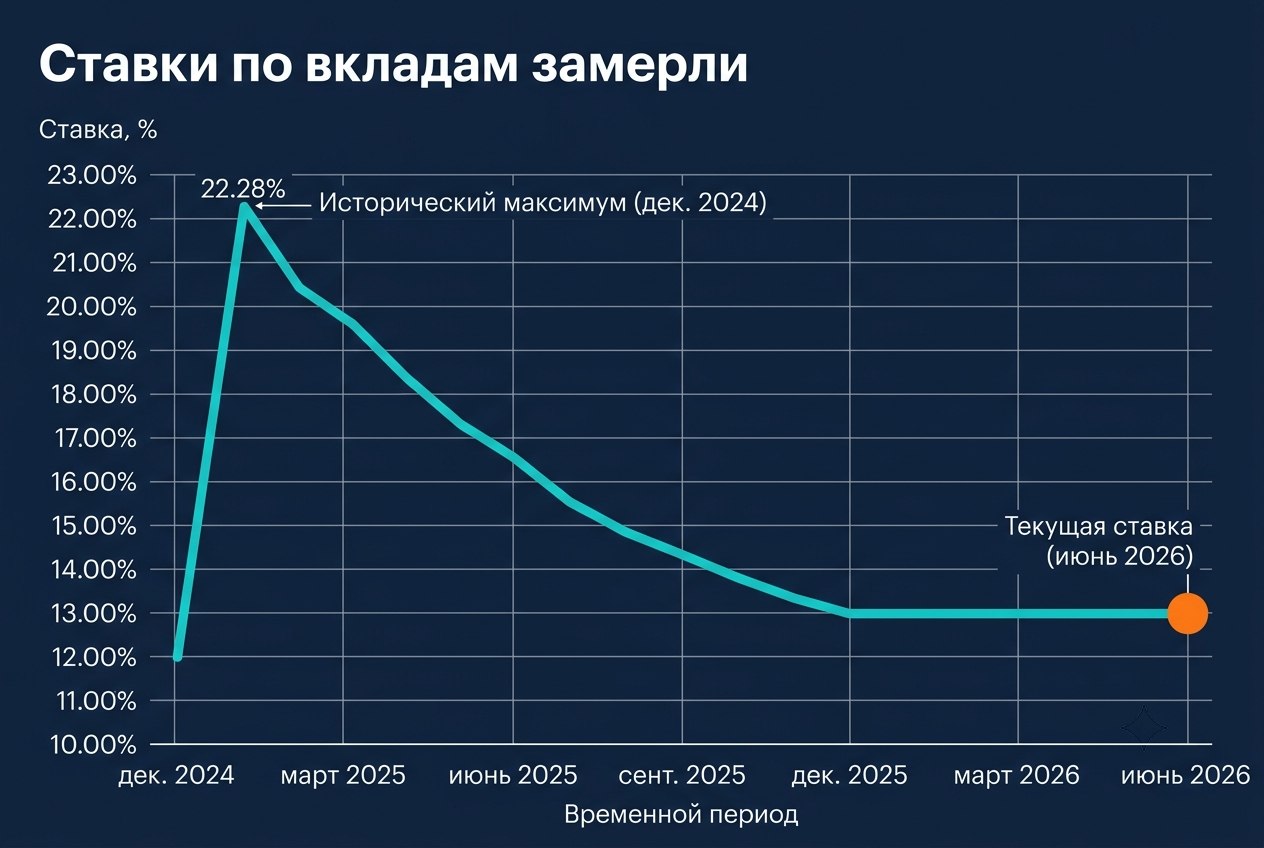Ставки по вкладам замерли: средняя доходность в топ-10 банков осталась на уровне 12,97%