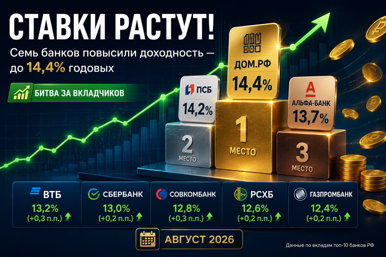 Семь банков из топ-10 повысили ставки по вкладам после заседания ЦБ
